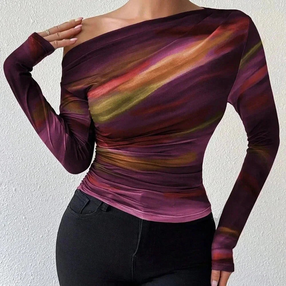 Casual Women's Marble Ombre Print Asymmetric Neck Fitted top - Picture 6 of 6